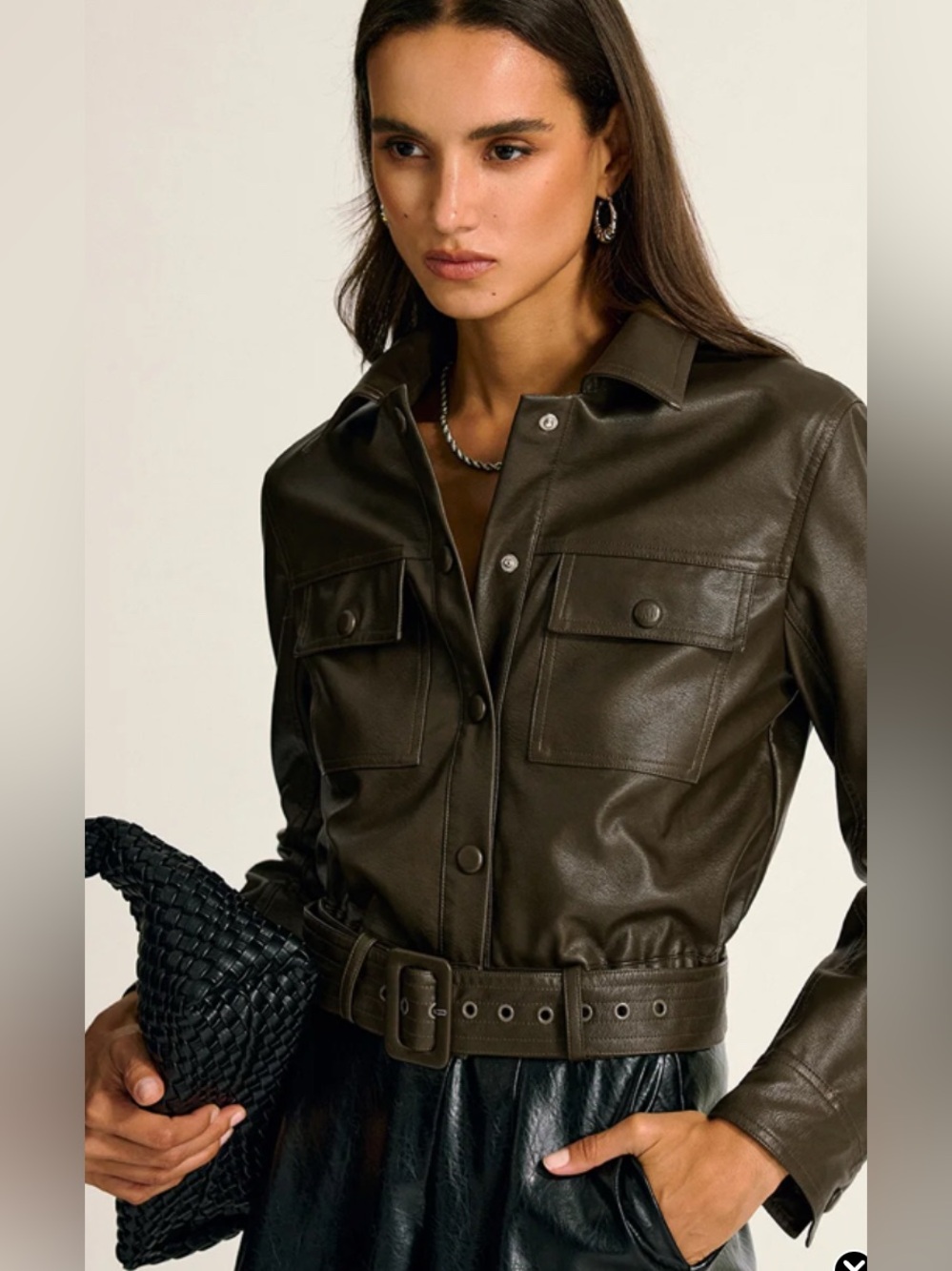 Commense Belted PU Leather Cargo Shirt Jacket NWT